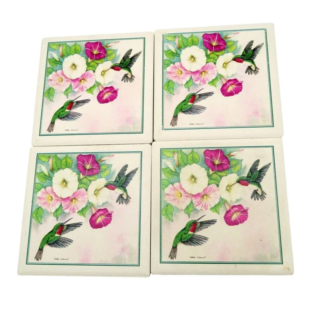 Vintage AbsorbaStone Hummingbird Coasters Set of 4 Wilma S Vincent Cork Back USA